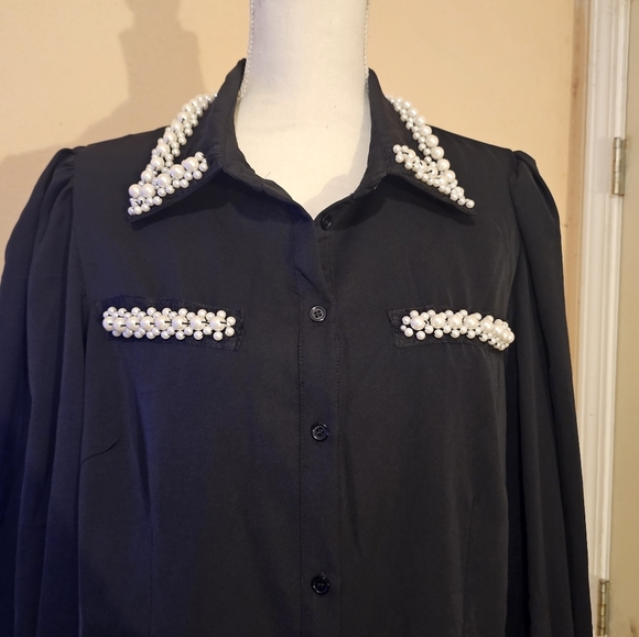 Fashion Nova Chic Black Button Down Shirt with Pearl Details - Picture 7 of 7